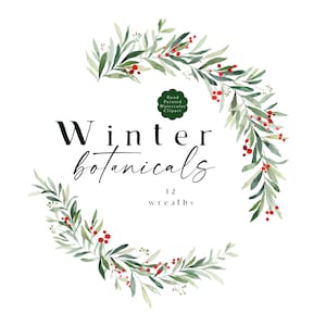 Clipart Noël rustique, aquarelle hiver couronnes de verdure Clip Art, Noël douillet PNG, décoration de ferme, baies d'hiver, botanique 12 PNG
