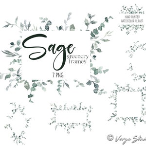 Sage Greenery Clipart Watercolor Frames Clipart Pastel Green Leaves Frame Foliage Borders Wedding Invitations Graphics Woodland Rustic PNG
