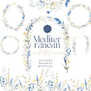 Clipart floral bleu délicat aquarelle fleurs sauvages Clip Art bleu poussiéreux fleur jaune doré couronne bordures motif numérique papier mariage PNG