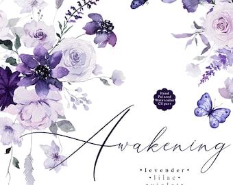 Clipart floral AW lilas lavande, fleurs violettes, aquarelle fleur violette PNG, fleurs printanières, bouquets, fleurs de mariage, PNG rose mauve