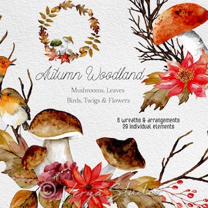 Clipart de cogumelo de folha de outono em aquarela, clipart de outono, clipart de arranjo de outono, clipart de coroa de outono, clipart de ação de graças, folhagem