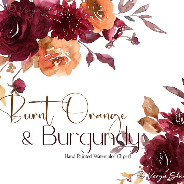 Burgundy Burnt Orange Watercolor Flowers Clipart Fall Floral Clip Art Autumn Clipart Terracotta Rust Orange Maroon Wine Bouquet Wedding PNG