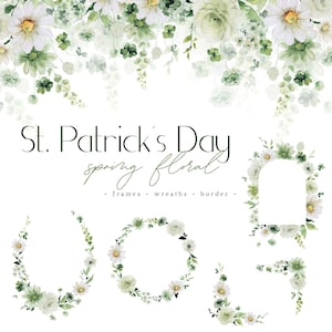 Clipart printemps St Patrick's Day Floral Clip Art aquarelle trèfle trèfle oeillets cadres bordure bouquets couronnes de marguerites fleurs de printemps