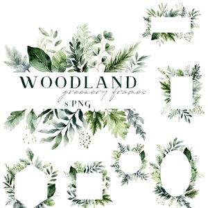 Greenery Frames Clipart Watercolor Botanical Borders Emerald Green Woodland Leaves Foliage Forest Wedding Graphics Frame Wreath 8 PNG