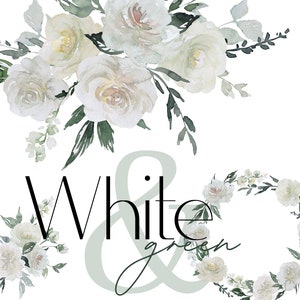 Weiß Blumen Clipart - Aquarell Elfenbein weiße Blumen Clip Art, Grüne Blätter Clipart, Smaragd Creme Beige, Moderne Blumensträuße, Hochzeit Grafiken