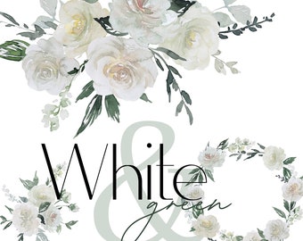 White Floral Clipart - Watercolor Ivory White Flowers Clip Art, Green Leaves Clipart, Emerald Cream Beige, Modern Bouquets, Wedding Graphics