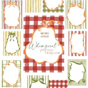 Può includere: Una collezione di cornici e sfondi ad acquerello con vari motivi, tra cui strisce rosse e verdi, quadretti vichy rossi e bianchi e tartan verde. La cornice centrale contiene il testo: Hand painted watercolor Whimsical fall frames & backgrounds.