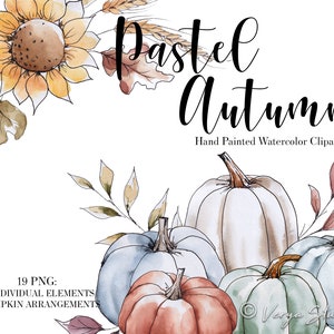Citrouille pastel automne Clipart aquarelle automne Clipart ferme Thanksgiving récolte dessin au trait bleu clair blanc vert citrouilles tournesols PNG