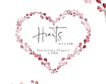 May include: Watercolour clipart of a heart wreath made of pink and red leaves with small hearts. The text "Hearts wreath" and "Valentines Clipart 1 PNG" is below the wreath.