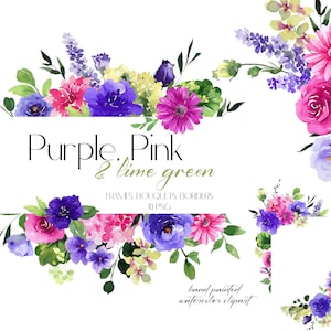Rosa, Lila, Lila, Aquarell, Blumen, Clipart, Rahmen, Rahmen, Sträuße, Floral, Clip Art, Rahmen, Lime, Grün, Pink, Frühling, Sommer Hochzeit Grafik
