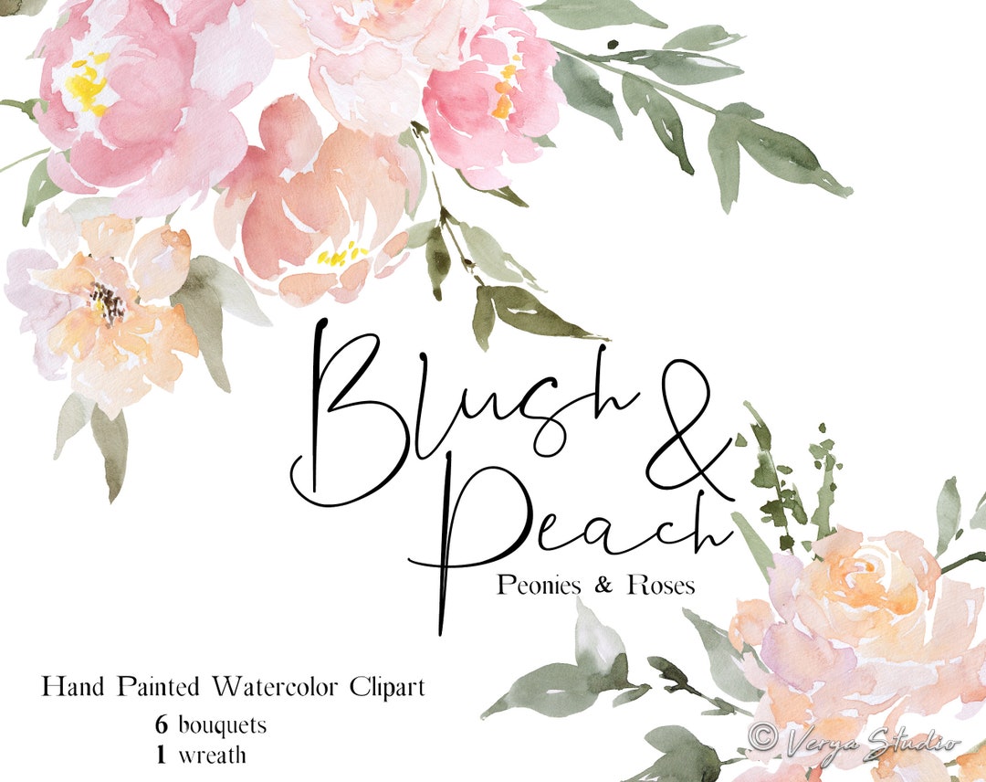 Watercolor Flowers Clipart Peach Blush Peonies Clip Art Bouquets Wreath ...