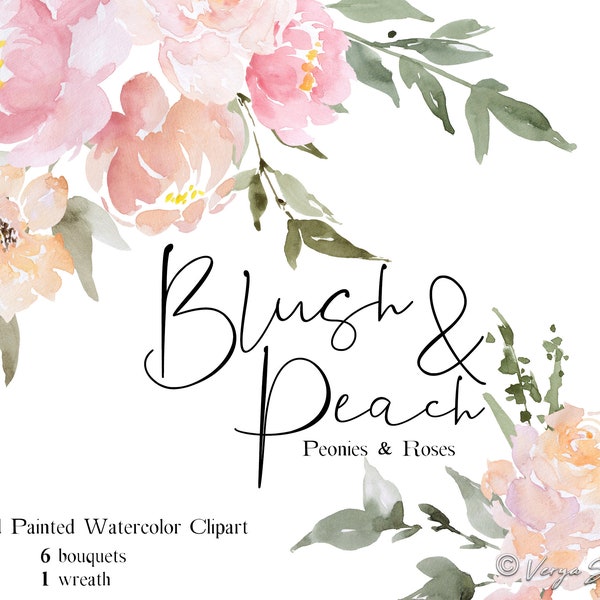 Watercolor Flowers Clipart Peach Blush Peonies Clip Art Bouquets Wreath Wedding Clipart Coral Pink Floral Spring Bridal Invitation Peony PNG