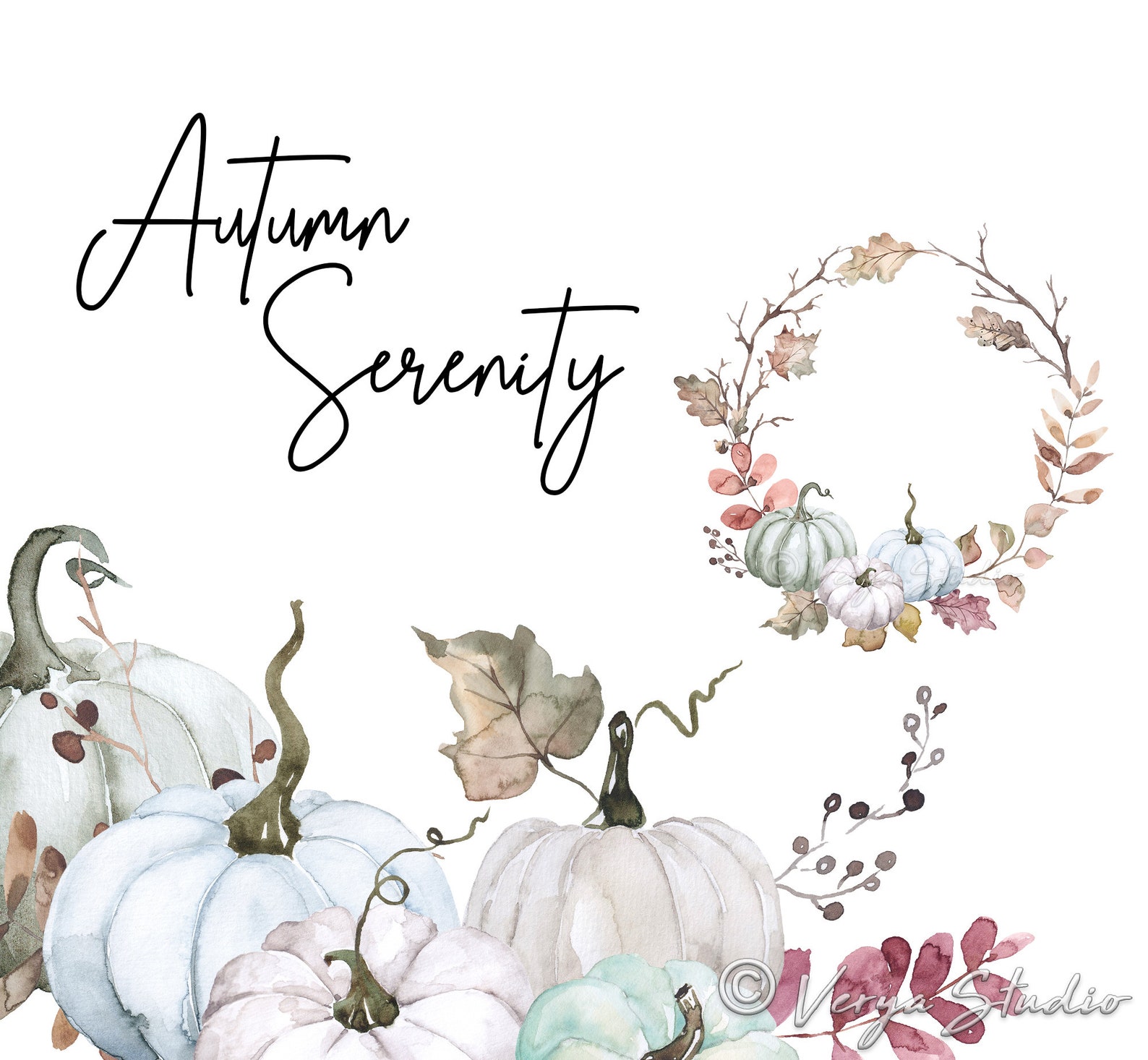 Watercolor Fall Clipart Autumn Clip Art White Pumpkins Green Blue ...