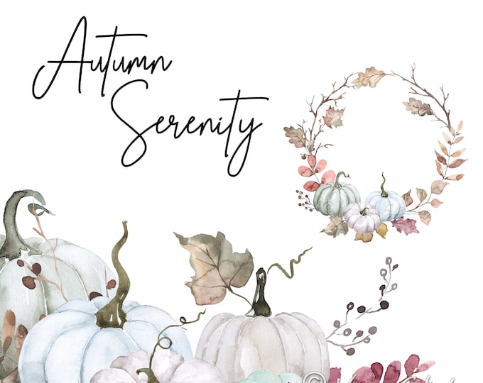 Pumpkin Clip Art - Fall Watercolor Clipart | Dusty Blue, Green, Cream ...