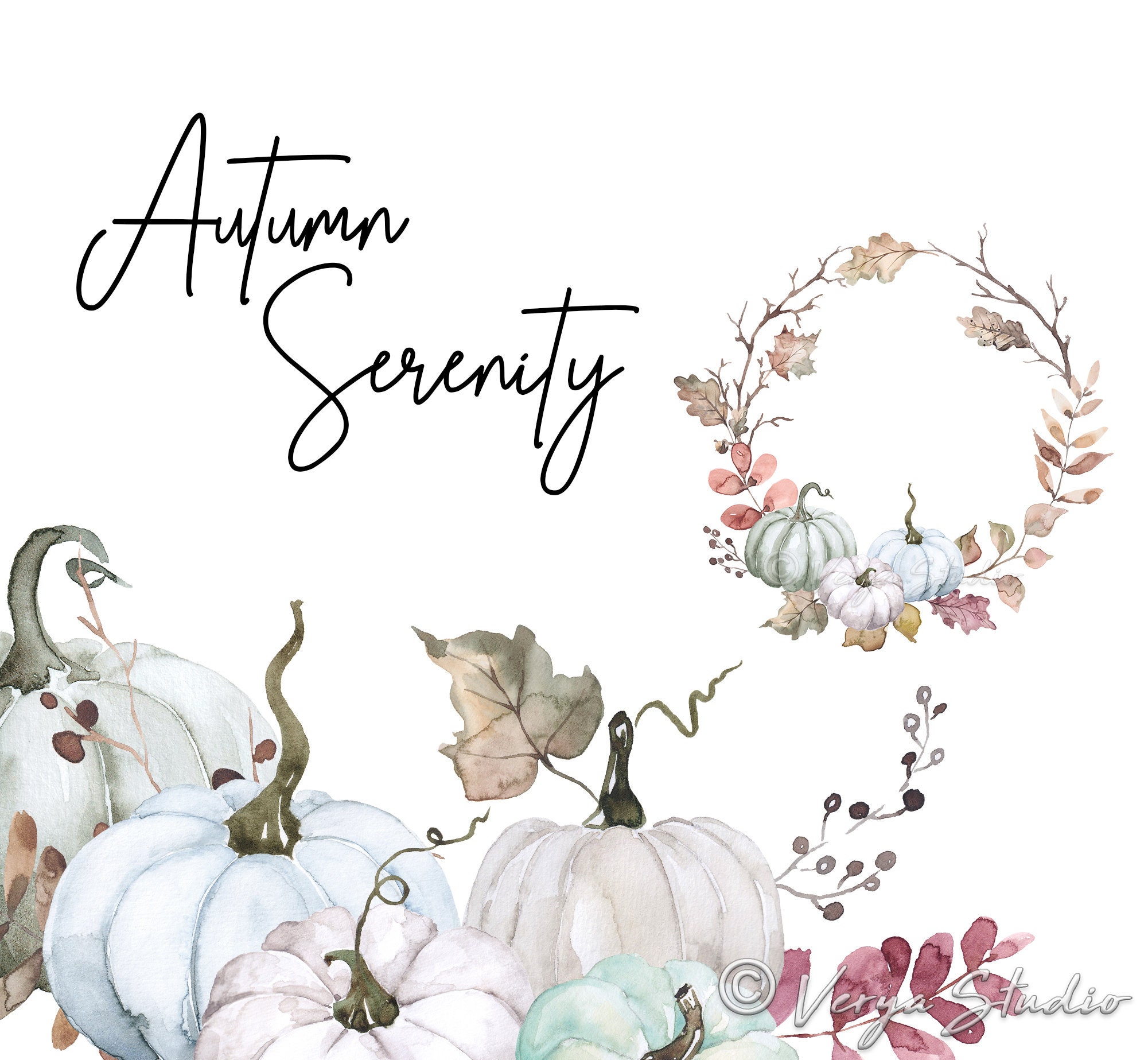Watercolor Fall Clipart Autumn Clip Art White Pumpkins Green Blue ...