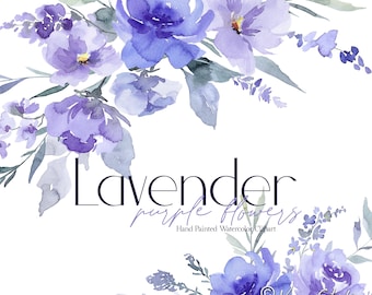 Clipart floral de acuarela de lavanda púrpura, clip art de flores violetas y lilas, ramos de primavera, verano y otoño, hojas verdes botánicas, gráficos de boda