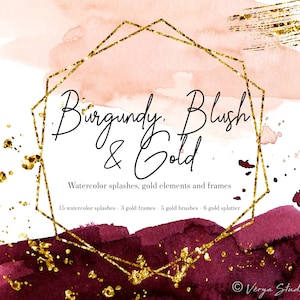Aquarelle Blush bourgogne éclaboussures Clipart Lavis rose bordeaux éclaboussures d'or cadre géométrique doré coups de pinceau doré mariage Clipart PNG