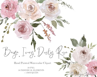 Watercolor Floral Clipart Dusty Rose Beige Ivory White Flowers Clip Art Wedding Clipart Cream Blush Pink Roses Graphics Bouquet Boho PNG
