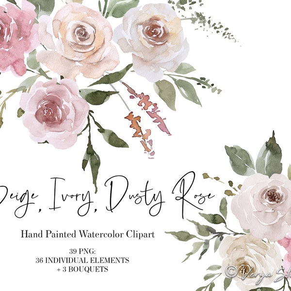 Watercolor Floral Clipart Dusty Rose Beige Ivory White Flowers Clip Art Wedding Clipart Cream Blush Pink Roses Graphics Bouquet Boho PNG