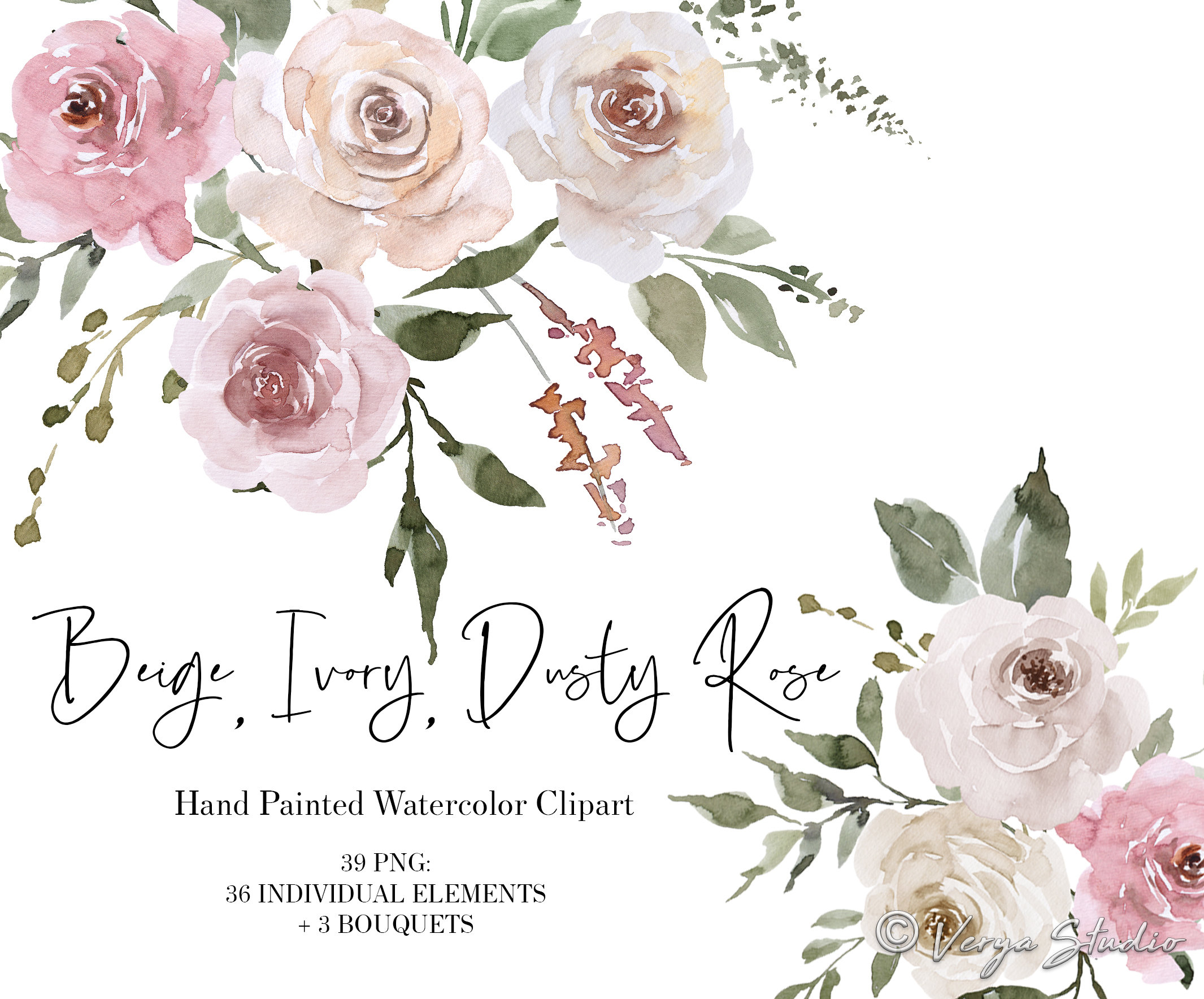 Watercolor Floral Clipart Dusty Rose Beige Ivory White Flowers Clip Art ...