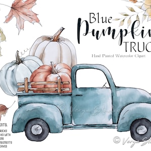 Blue Harvest Truck Watercolor Fall Clipart Pumpkin Truck Clipart Autumn Graphics Pastel Pumpkins Vintage Truck Thanksgiving Sublimation PNG
