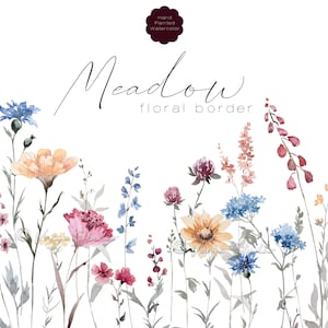 Floral Border Clipart - Aquarela Flores Silvestres Clipart, Amarelo Vermelho Azul Flores Silvestres Borda, Convites Clipart, Verão Floral Clipart PNG