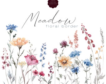 Bordure florale des cliparts - aquarelle fleurs sauvages des cliparts, bordure de fleurs sauvages jaune rouge bleu, Invitations des cliparts, clipart floral d'été PNG