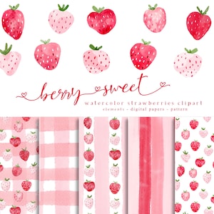 May include: A collection of watercolour strawberry designs. The image shows individual strawberries in red and pink, plus patterned backgrounds. Text reads "berry sweet" and "watercolor strawberries clipart".