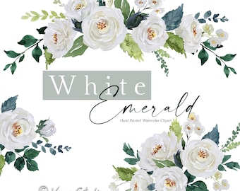 White Emerald Floral Clipart Watercolor Flowers Greenery Clip Art Green Ivory Cream Bouquets Spring Summer Peonies Leaves DIY Wedding PNG