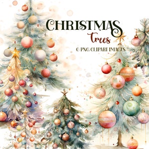 Arbres de Noël Clipart aquarelle vacances d'hiver Clip Art décoré arbre à feuilles persistantes Invitations et cartes graphiques 6 PNG en téléchargement numérique