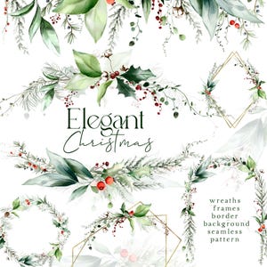 Winter Eleganz Weihnachten Clipart Grün Kränze Aquarell Musterdesign Blätter Beere Grenze Wald Botanische Goldrahmen rustikale PNG