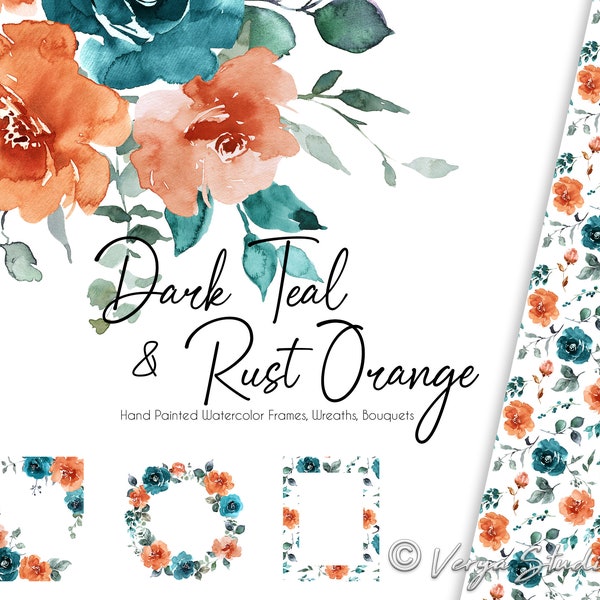 Teal Rust Orange Acquerello Fiori Clipart Floral Clip Art Cornici Ghirlande Mazzi Modello Carta digitale Invito a nozze Clipart Set PNG