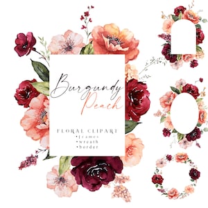 Cadres floraux bordeaux pêche Clipart aquarelle fleurs d'automne Clip Art bordures de fin d'été pivoines de mauvaise humeur couronne de mariage pivoine automne PNG