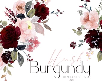 Burgundy Blush Floral Clipart - Watercolor Flowers Clip Art, 10 Bouquets, Dusty Rose, Wedding Graphics, Marsala Red Pink, Hand Painted PNG