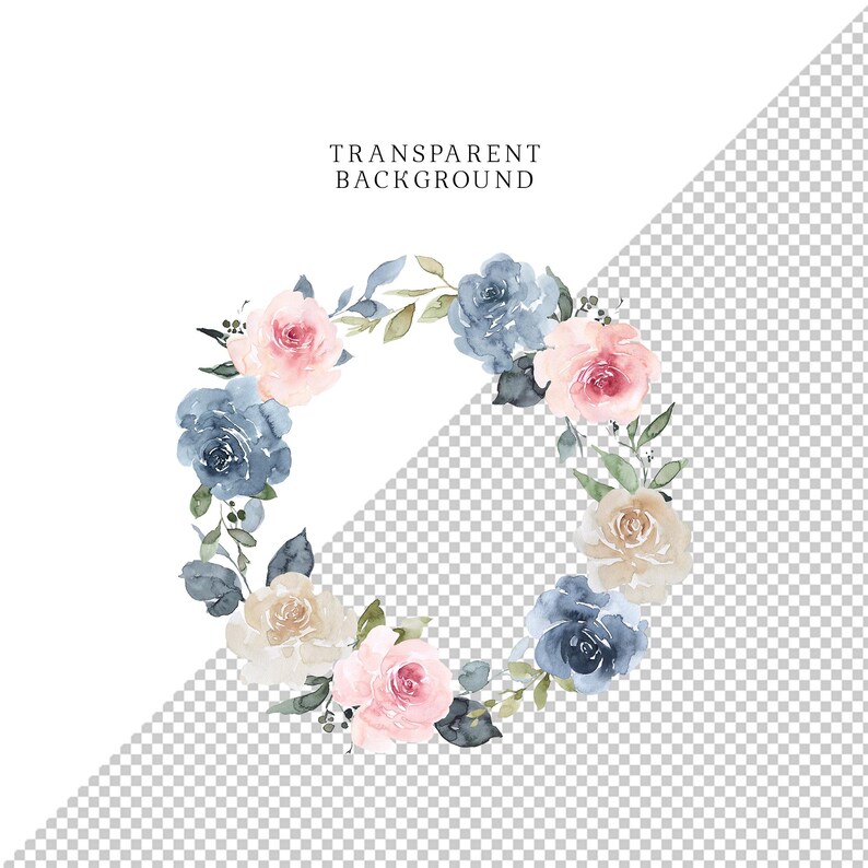 May include: A watercolor wreath with blue, pink, and cream flowers. The wreath is on a transparent background.