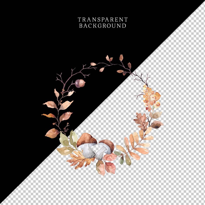 May include: Watercolour wreath with brown, orange, and green leaves, mushrooms, and acorns. The wreath is on a transparent background.
