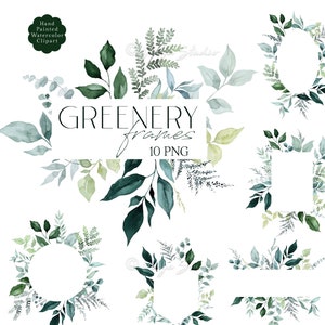 Greenery Clipart Watercolor Foliage Frames Clip Art Bright Green Emerald Borders Botanical Frame Green Leaves Wreaths PNG Wedding Set