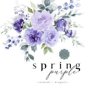 Clipart floral aquarelle fleurs violettes Clip Art, fleur de lavande lilas violet PNG, verdure feuillage feuilles, printemps Clipart bouquet mariage