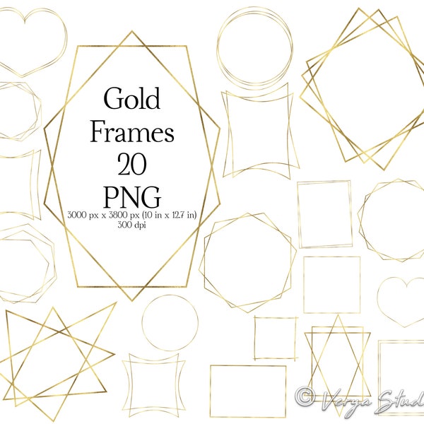 Golden Frames Clipart - Geometric Frames Gold, Vintage Frames, Metallic Golden Frames, Wedding Invitation Template, Wedding Invitations, PNG