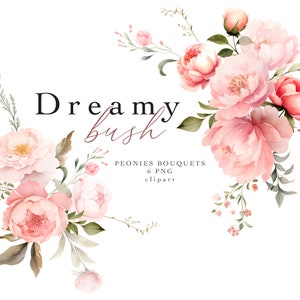Blush Rose Floral Clipart Aquarelle Pivoines Bouquets Clip Art Collection de 6 Dusty Rose PNG Printemps Été Rêveur Fleurs De Mariage Graphiques