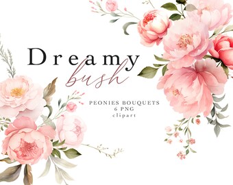 Blush Rose Floral Clipart Aquarelle Pivoines Bouquets Clip Art Collection de 6 Dusty Rose PNG Printemps Été Rêveur Fleurs De Mariage Graphiques