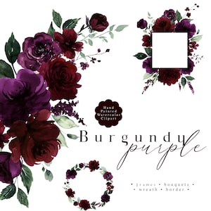Violet bordeaux Floral Clipart aquarelle fleurs Clip Art frontières couronne cadres bouquet prune rouge printemps été automne roses mariage PNG
