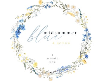 Midsummer Blue Floral Wreath Clipart Watercolor Wildflowers Clip Art Delicate Wild Flower Frame Yellow Dusty Blue Meadow Logo Wedding PNG