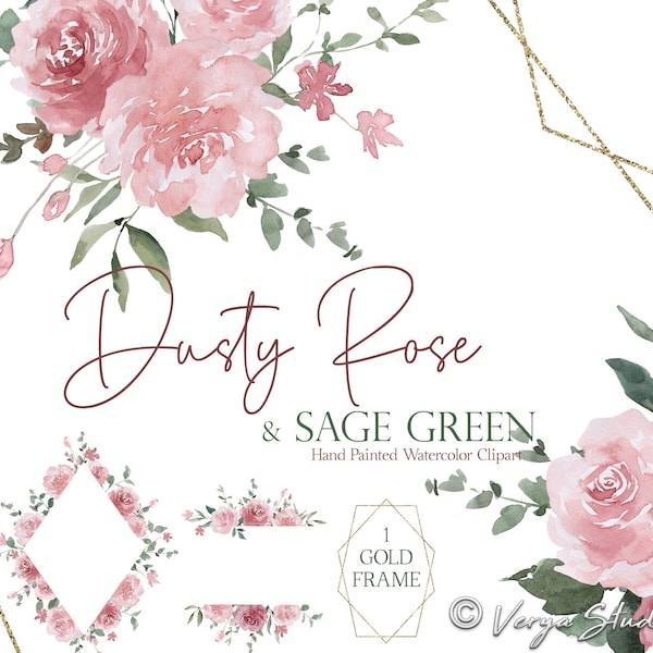 Sage Dusty Rose Watercolor Flowers Clipart Floral Clip Art Gold Frame Sage Green Pink Blush Frames Bouquets DIY Wedding Graphics PNG