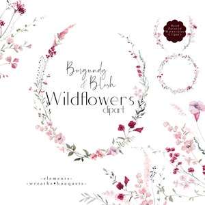 Wilde bloemen clipart bordeaux blush aquarel bloemen clip art krans boeket grens botanische lente bruiloft bloemen delicate weide bloem