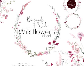 May include: Watercolor clipart set of burgundy and blush wildflowers. The set includes wreaths, bouquets, and individual elements. The flowers are painted in a delicate style with soft pink and burgundy hues.