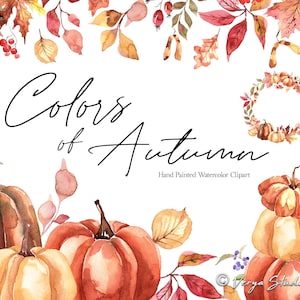 Herfst clipart aquarel herfst clipart herfstkleuren bladeren groen eikels pompoenen bessen kransen oogst Thanksgiving rood geel oranje