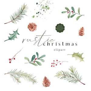 Pin hiver baies Clipart aquarelle Noël clipart pommes de pin houx à feuilles persistantes verdure Noël rustique couronnes bois cadres 28 PNG
