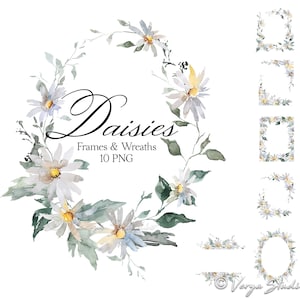 May include: A digital collection of watercolor daisy floral elements including wreaths, frames, and borders. The artwork features white daisies with yellow centers and green foliage. The text reads Daisies Frames & Wreaths 10 PNG.