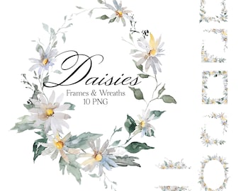 White Daisies Floral Frames Clipart : Hand Painted Watercolor Daisy Wreaths and Borders Graphics Bundle PNG